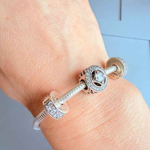 Pandora Sterling Silver 925 ALE Cable Bracelet Allure 2 Pave Clip Charms Retired - Picture 3 of 8